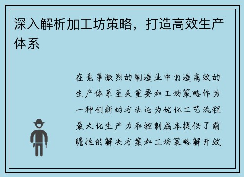 深入解析加工坊策略，打造高效生产体系